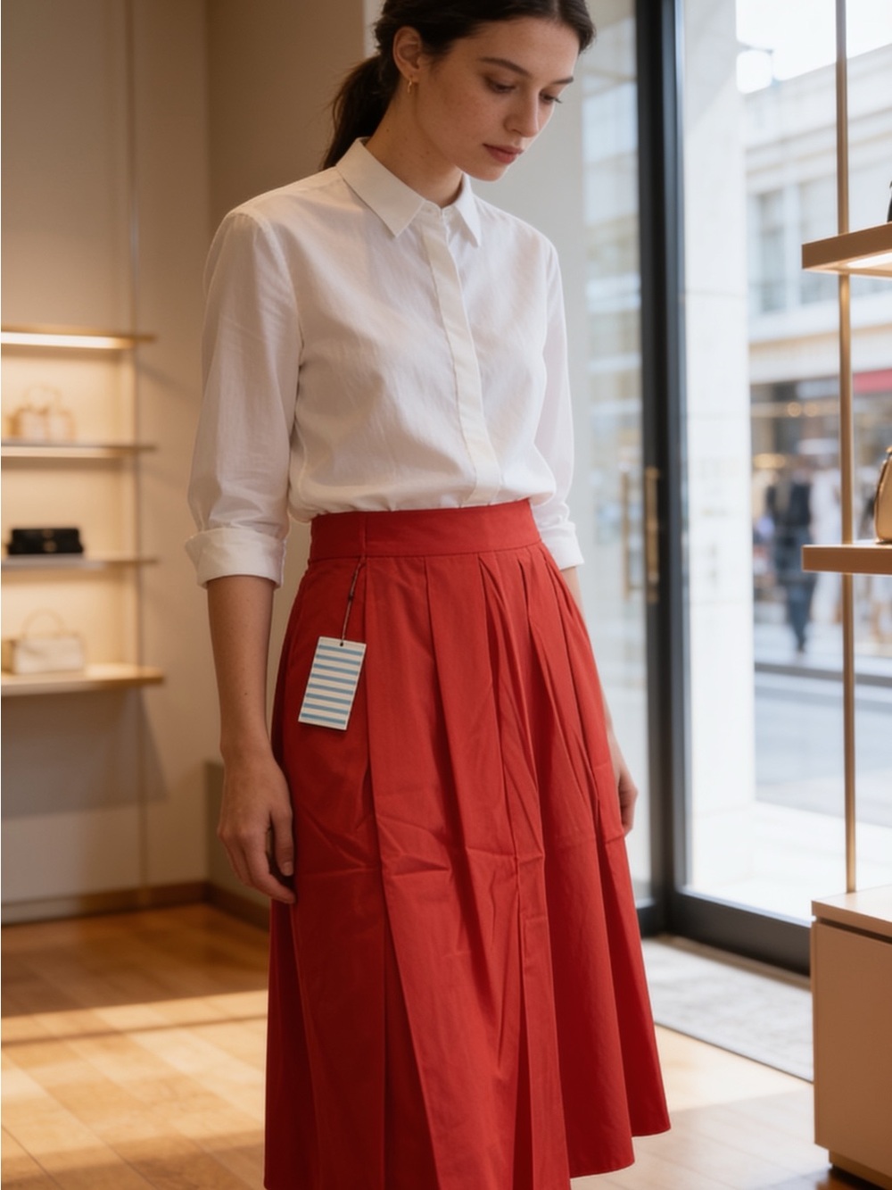 Classic A-Line Red Midi Skirt with Structured Pleats - Picture 1 of 2